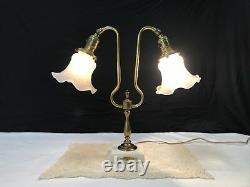 Antique Vtg Victorian Art Deco Brass Student Desk Table Lamp, Glass Tulip Shades