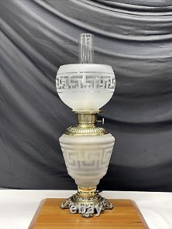 Antique Vtg Victorian Art Deco Elec Oil Lamp Greek Key Etched Glass Banquet GWTW