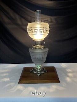 Antique Vtg Victorian Art Deco Elec Oil Lamp Greek Key Etched Glass Banquet GWTW