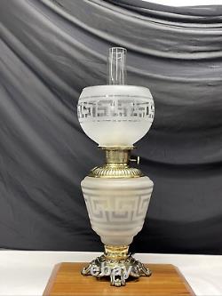 Antique Vtg Victorian Art Deco Elec Oil Lamp Greek Key Etched Glass Banquet GWTW