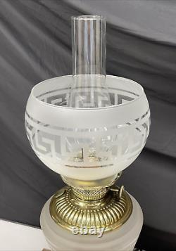 Antique Vtg Victorian Art Deco Elec Oil Lamp Greek Key Etched Glass Banquet GWTW