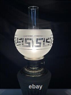 Antique Vtg Victorian Art Deco Elec Oil Lamp Greek Key Etched Glass Banquet GWTW