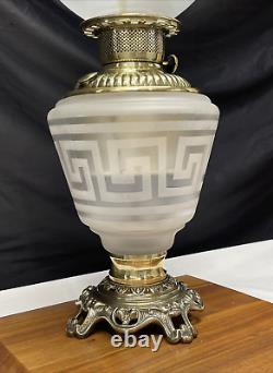 Antique Vtg Victorian Art Deco Elec Oil Lamp Greek Key Etched Glass Banquet GWTW