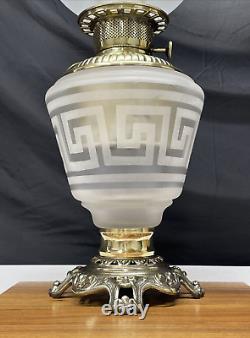 Antique Vtg Victorian Art Deco Elec Oil Lamp Greek Key Etched Glass Banquet GWTW