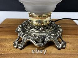 Antique Vtg Victorian Art Deco Elec Oil Lamp Greek Key Etched Glass Banquet GWTW