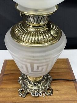 Antique Vtg Victorian Art Deco Elec Oil Lamp Greek Key Etched Glass Banquet GWTW