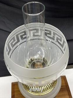 Antique Vtg Victorian Art Deco Elec Oil Lamp Greek Key Etched Glass Banquet GWTW