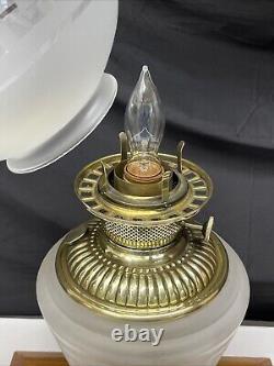 Antique Vtg Victorian Art Deco Elec Oil Lamp Greek Key Etched Glass Banquet GWTW