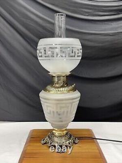 Antique Vtg Victorian Art Deco Elec Oil Lamp Greek Key Etched Glass Banquet GWTW