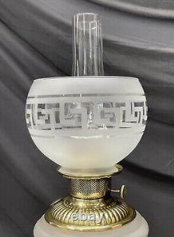 Antique Vtg Victorian Art Deco Elec Oil Lamp Greek Key Etched Glass Banquet GWTW