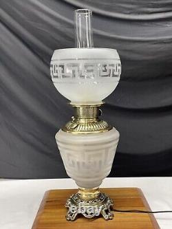 Antique Vtg Victorian Art Deco Elec Oil Lamp Greek Key Etched Glass Banquet GWTW