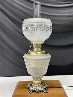 Antique Vtg Victorian Art Deco Elec Oil Lamp Greek Key Etched Glass Banquet GWTW