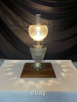 Antique Vtg Victorian Art Deco Elec Oil Lamp Greek Key Etched Glass Banquet GWTW