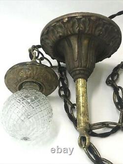 Antique Vtg Victorian Art Deco Pendant Light 1920's Ceiling Hanging Chain, Brass