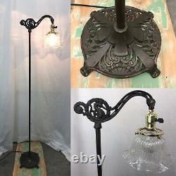 Antique Vtg Victorian Floor Bridge Lamp Arts & Crafts Deco Seahorse, Glass Shade