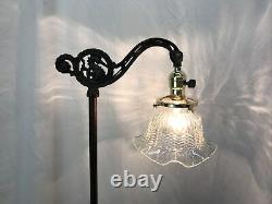 Antique Vtg Victorian Floor Bridge Lamp Arts & Crafts Deco Seahorse, Glass Shade