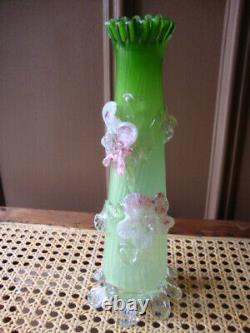 Antique Vtg Victorian Green Opalescent Glass Vase Pink Applied Rigaree Cased