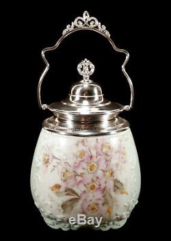 Antique Wave Crest Wavecrest Art Glass Biscuit Jar Shiny LID Flowers Decoration
