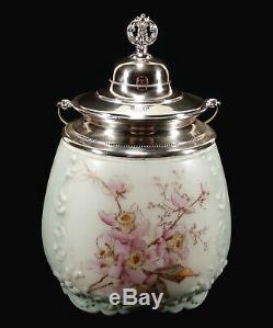 Antique Wave Crest Wavecrest Art Glass Biscuit Jar Shiny LID Flowers Decoration