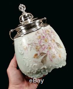 Antique Wave Crest Wavecrest Art Glass Biscuit Jar Shiny LID Flowers Decoration