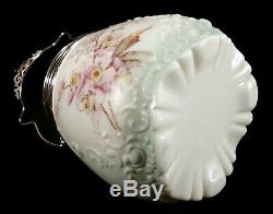 Antique Wave Crest Wavecrest Art Glass Biscuit Jar Shiny LID Flowers Decoration