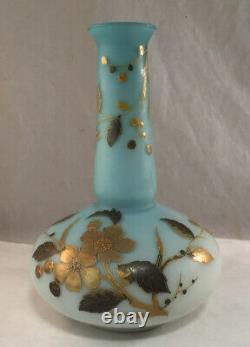 Antique Webb Victorian Art Glass Vase Blue Satin Cased Gilt Enamel Decoration