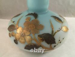 Antique Webb Victorian Art Glass Vase Blue Satin Cased Gilt Enamel Decoration