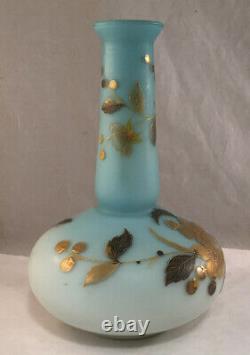 Antique Webb Victorian Art Glass Vase Blue Satin Cased Gilt Enamel Decoration