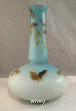 Antique Webb Victorian Art Glass Vase Blue Satin Cased Gilt Enamel Decoration