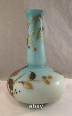 Antique Webb Victorian Art Glass Vase Blue Satin Cased Gilt Enamel Decoration