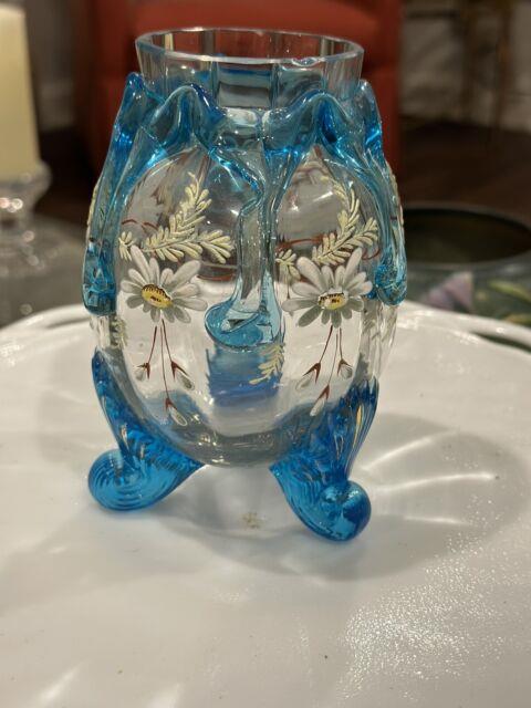 Antique Art Glass Vase Bohemian Enameled With Applied Drippings And? Scroll Feet