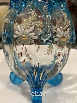 Antique art glass vase Bohemian enameled With applied drippings And? Scroll feet