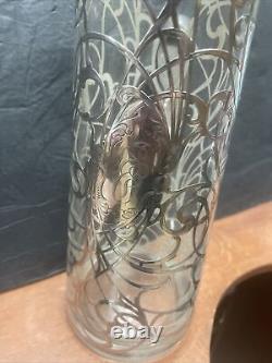 Antique art nouveau Victorian sterling silver overlay glass pitcher vase