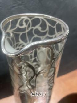 Antique art nouveau Victorian sterling silver overlay glass pitcher vase