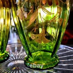 Antique c1880 VICTORIAN RUBENA VERDE ART GLASS TABLE VASES Amethyst Green PAIR 2 Antique c1880 VICTORIAN RUBENA VERDE ART GLASS TABLE VASES Amethyst Green PAIR 2