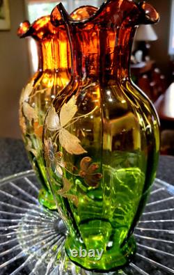 Antique c1880 VICTORIAN RUBENA VERDE ART GLASS TABLE VASES Amethyst Green PAIR 2