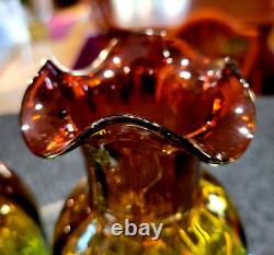 Antique c1880 VICTORIAN RUBENA VERDE ART GLASS TABLE VASES Amethyst Green PAIR 2