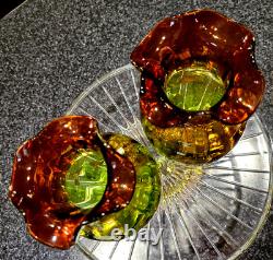 Antique c1880 VICTORIAN RUBENA VERDE ART GLASS TABLE VASES Amethyst Green PAIR 2
