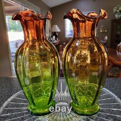 Antique c1880 VICTORIAN RUBENA VERDE ART GLASS TABLE VASES Amethyst Green PAIR 2 Antique c1880 VICTORIAN RUBENA VERDE ART GLASS TABLE VASES Amethyst Green PAIR 2