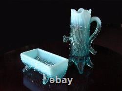 Antique ca 1905 NORTHWOOD BLuE OpaLeSceNT Novelty Town Pump Vase & Trough Dish