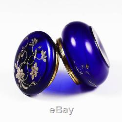 Antique cobalt blue art glass trinket jewelry hinged Box with silver flowers
