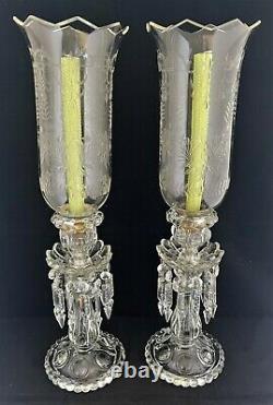 Antique pair Baccarat France Medallion Candlesticks Engraved Hurricane Shades