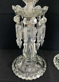 Antique pair Baccarat France Medallion Candlesticks Engraved Hurricane Shades