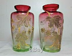 Antique pair Rubina Verde Vase Victorian art glass set enamel gild leaves