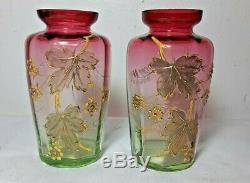 Antique pair Rubina Verde Vase Victorian art glass set enamel gild leaves