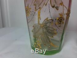 Antique pair Rubina Verde Vase Victorian art glass set enamel gild leaves