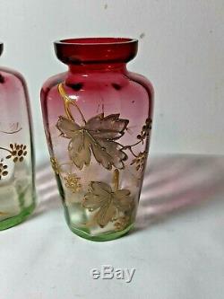 Antique pair Rubina Verde Vase Victorian art glass set enamel gild leaves