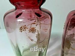 Antique pair Rubina Verde Vase Victorian art glass set enamel gild leaves