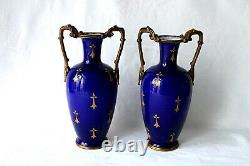 Antique pair of French Baccarat cobalt blue bronze opaline glass vases c 1880