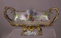 Antique victorian Enameled Iris art glass bowl withGilt metal holder